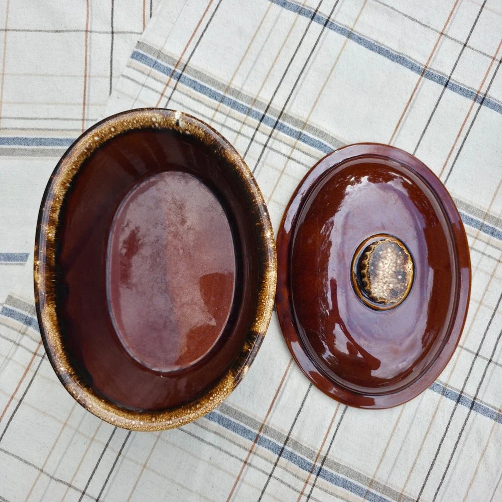 Hull Pottery Casserole Dish w/ Lid Oven Proof USA Mirror Brown Drip Oval 10 Inch
